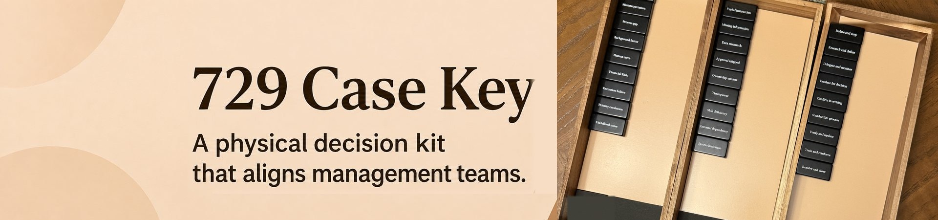 729 CaseKey: three wooden trays of Case, Reason and Action tiles